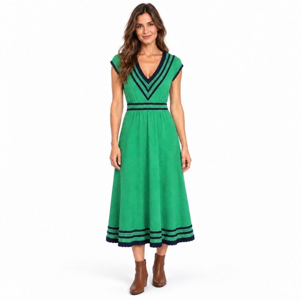 Boden Green Navy Blue Crochet Trim V-Neck Midi Knit Dress US 10 UK 14 D0187